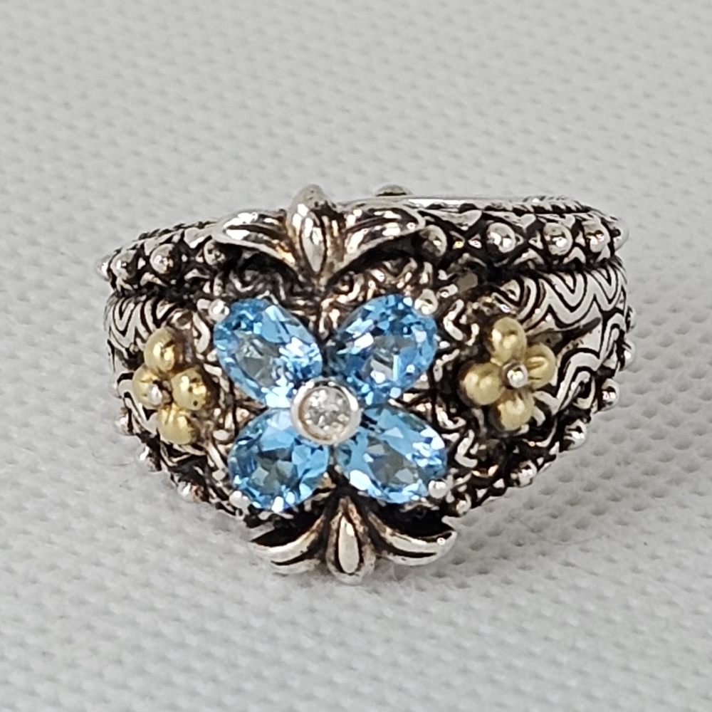 Genuine Barbara Bixby Blue Topaz Ring Sterling Silver & 18k Size 6.5 - Picture 6 of 12
